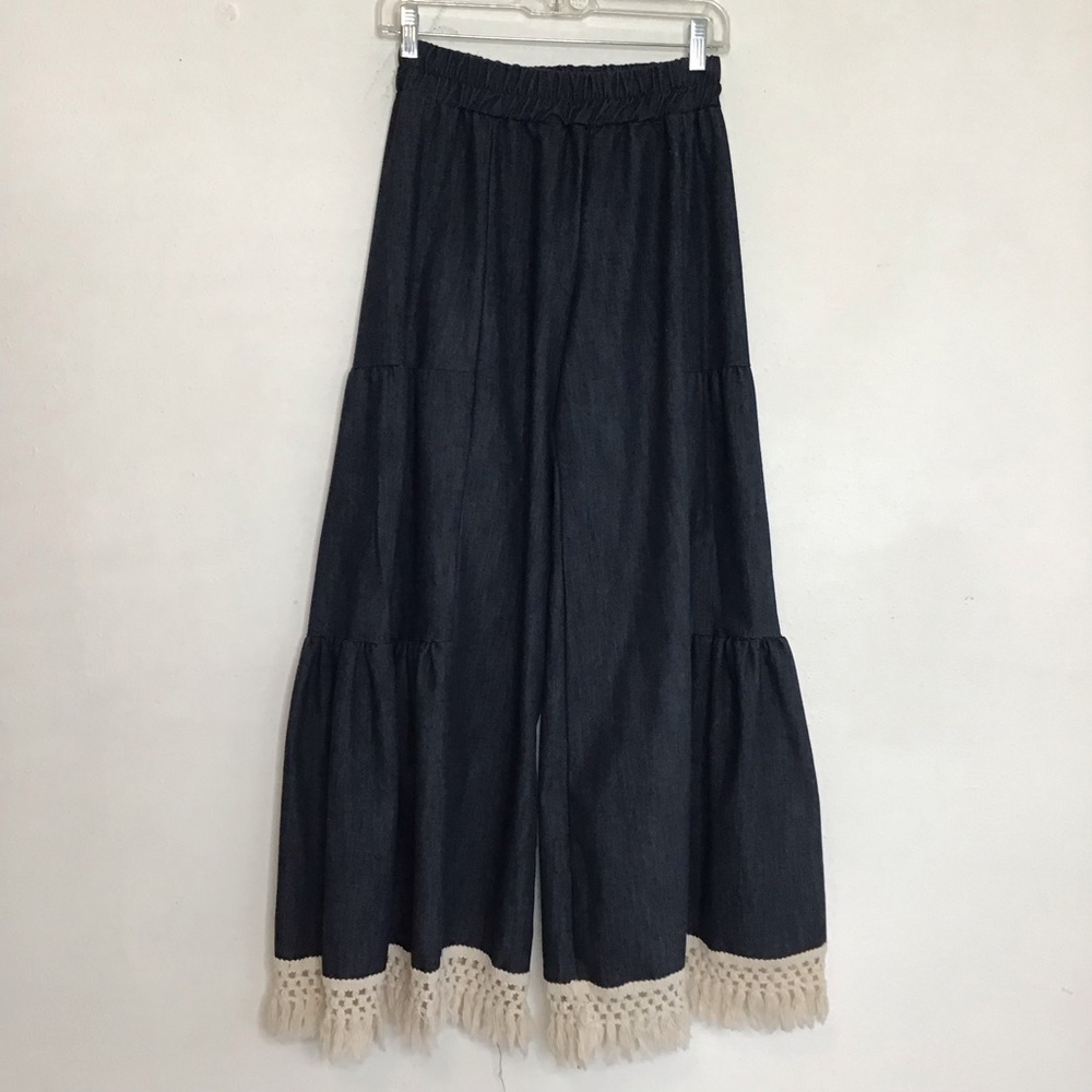 Boho Tiered Wide-Leg Pants with Fringe Hem - Dark Blue